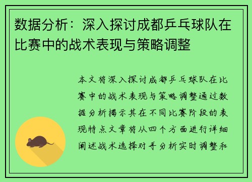 数据分析：深入探讨成都乒乓球队在比赛中的战术表现与策略调整