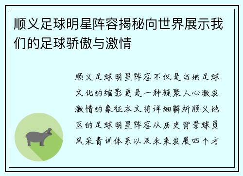 顺义足球明星阵容揭秘向世界展示我们的足球骄傲与激情