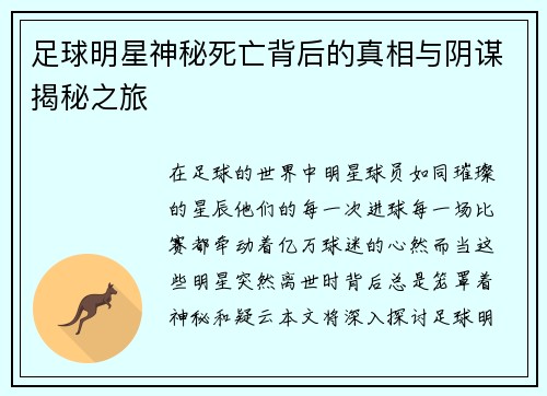 足球明星神秘死亡背后的真相与阴谋揭秘之旅